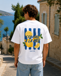 t-shirt mode homme citron de dos en extérieur