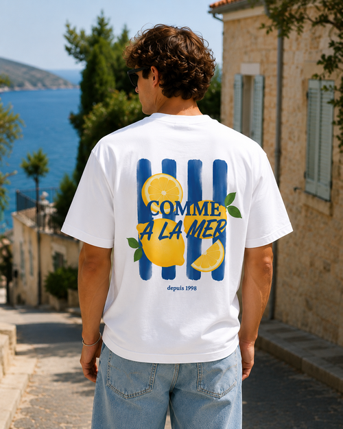 t-shirt mode homme citron de dos en extérieur